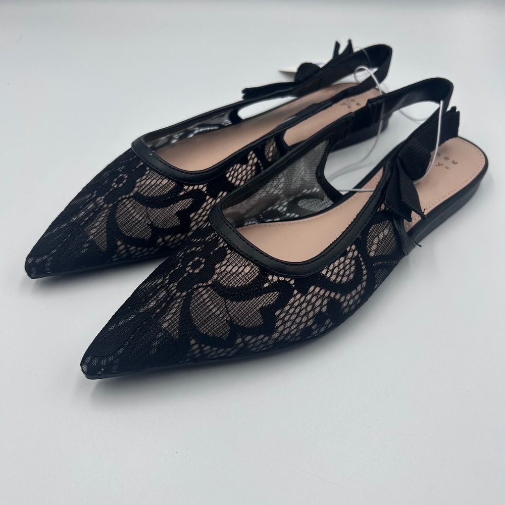 A New Day Womens Black Floral Lace Mesh Pointed Toe Slingback Bow Flats Size 7